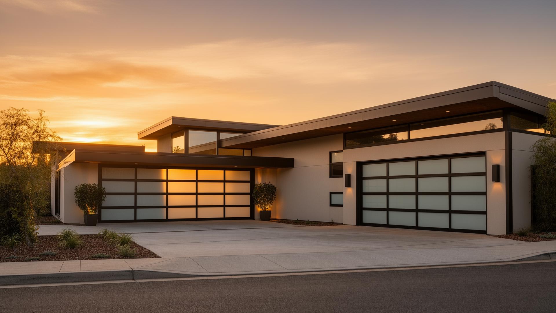 Modern steel garage doors with frosted glass panels on a sleek mid-century home at sunset